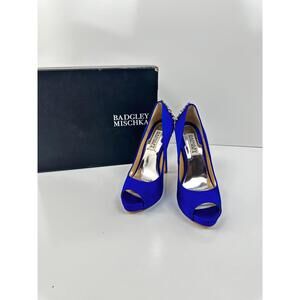 Badgley Mischka - Kiara Crystal Pumps, Peep Toe, Sapphire Satin, Size 6, Women's